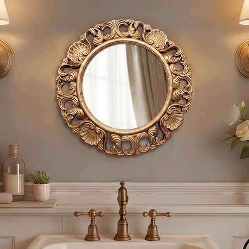 Vintage Round Wall Mirror, Ornate Baroque Carved Frame, 20 Inch - color: Round