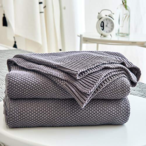 Longhui bedding Dark Grey 100% Cotton Lightweight Cable Knit Throw Blanket for Couch Sofa Bed Home Large Decorative, Bonus Laundering Bag, Dark Gray 60 x 80 Inch, Machine Washable - color: Dark Grey, size: 60"x80"