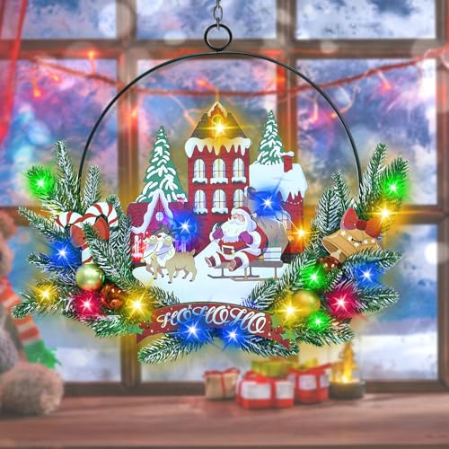 Pre-Lit Christmas Wreath for Front Door, Lighted Witch with 6H On/18H Off - color: Santa Claus-multicolor