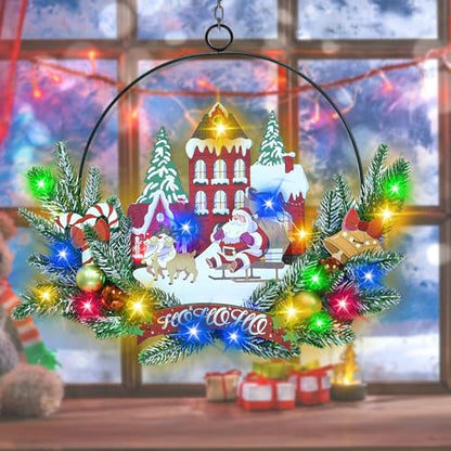 Pre-Lit Christmas Wreath for Front Door, Lighted Witch with 6H On/18H Off - color: Santa Claus-multicolor