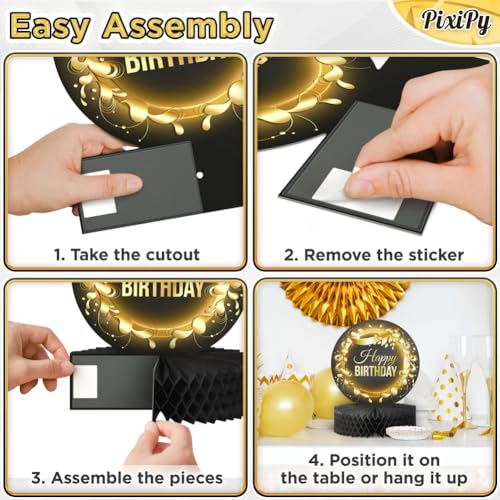 Happy Birthday Table Decoration Centerpieces - (4 Pack, Black & Rose Gold), Double-Sided Happy Birthday Centerpieces for Tables - Party Supplies for Elegant Birthday Decorations by PixiPy - style: Black & Gold (Pack of 4)
