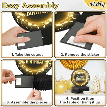 Happy Birthday Table Decoration Centerpieces - (4 Pack, Black & Rose Gold), Double-Sided Happy Birthday Centerpieces for Tables - Party Supplies for Elegant Birthday Decorations by PixiPy - style: Black & Gold (Pack of 4)