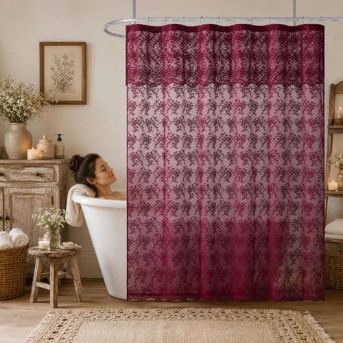 TUDECO Lace Burgundy Shower Curtain with Attached Valance, 72 x 72 Inch - color: Burgundy, size: 72"W x 72"L (Pack of 1)
