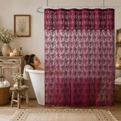 TUDECO Lace Burgundy Shower Curtain with Attached Valance, 72 x 72 Inch - color: Burgundy, size: 72"W x 72"L (Pack of 1)