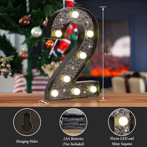 Black Glitter LED Marquee Number 2, Warm White Light Decor Sign - size: Number-2