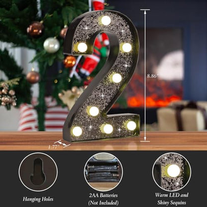 Black Glitter LED Marquee Number 2, Warm White Light Decor Sign - size: Number-2