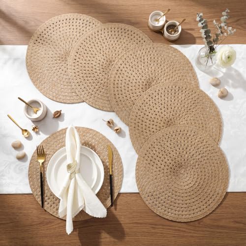 24 Pcs 13 in Round Woven Placemats Boho Charger,Khaki,Natural - color: Khaki, style: Natural
