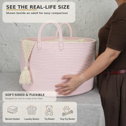 XUANGUO 66L Large Blanket Basket, Round Cotton Rope Basket, Light Pink - color: pink