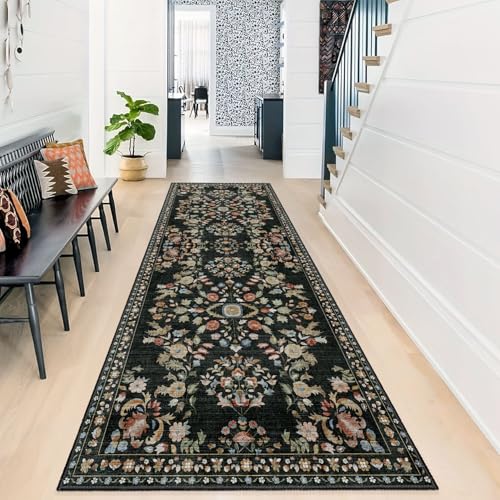 MUJOO Washable Runner Rug 2x6 Area Rug Non Slip Ultra-Thin Floral - color: Black, size: 2' x 6' (Rectangular)