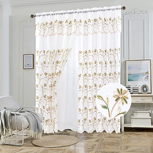 OPT Brand. 2 Layers One Panel Voile Sheer Embroidered Rod Pocket Window Curtain Panel and Valance 81063 (Sage) - color: Sage