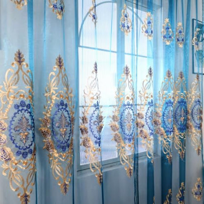 Amidoudou Rod Pocket Curtains European Luxury Sheer Embroidered Curtains for Living Room Bedroom (Blue,37" W x 84" L (Pack of 2)) - color: Blue, size: 37"W x 84"L (Pack of 2)
