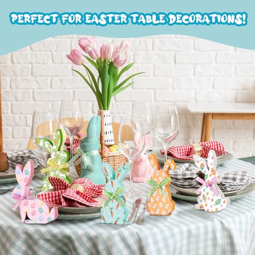 Thinkday 6 Pcs Easter Bunny Wooden Signs Rabbit Spring Table Signs for Home Office Table Wood Bunny Easter Decorations Sign with Ribbons for Tiered Tray Mantel Shelf, Farmhouse Party Supplies