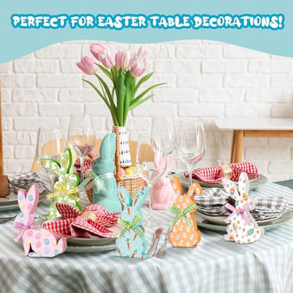 Thinkday 6 Pcs Easter Bunny Wooden Signs Rabbit Spring Table Signs for Home Office Table Wood Bunny Easter Decorations Sign with Ribbons for Tiered Tray Mantel Shelf, Farmhouse Party Supplies