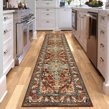 U'Artlines 2' x 8' Boho Hallway Runner Rug, Washable Carpet, Rust＆Teal - color: Rust＆teal, size: 2' x 8' (Runner)