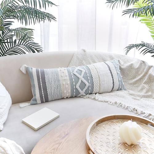 Decorative Boho Lumbar Pillow Cover 14x36 - Soft Textured Throw Pillow - color: Blue