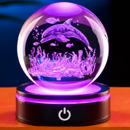 Dolphin Reef Crystal Ball Night Light, 3.15 Inch with LED Base - color: Ocean Dolphin