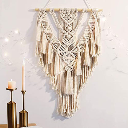 Macrame Boho Wall Hanging Decor, Geometric Woven Tapestry with Long Tassel