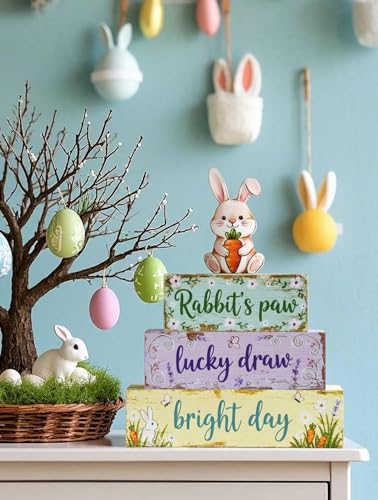 Spring Easter Dec Bunny Wooden Tabletop Decor with Rabbit’s Paw/Luck Draw/Bright Day Signs, Spring Farmhouse Spring Table Decorations for Home Indoor, Green Purple Beige Wood Blocks Set of 4 - size: Spring Rabbit