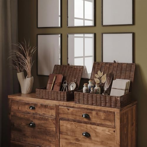Hushee Set of 2 Wicker Storage Baskets with Lid Woven Wicker Storage Bins Woven Rattan Decorative Boxes with Lid for Shelf Organizer Coffee Table Bathroom Living Room Decor