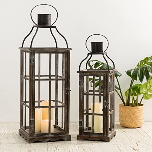 Glitzhome Farmhouse Wood Metal Large Decorative Lanterns Hanging Candle Lanterns Set of 2, Black (No Glass) - color: Black 35.75"h