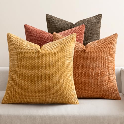 MIULEE Decorative Chenille Fall Pillow Covers Orange Brown 18x18 Pack of 4 - color: Orange/Yellow, size: 18" x 18" (Pack of 4)