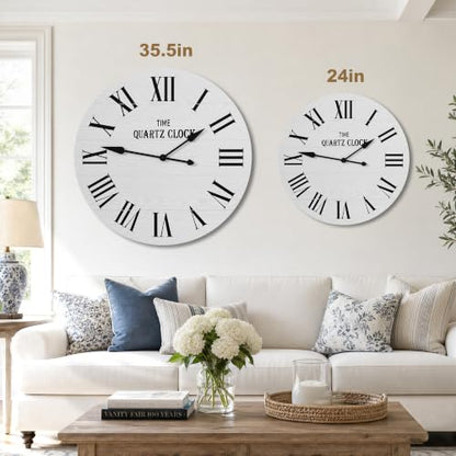 ARTPOWER 35.5" Extra Large Farmhouse Wall Clock,Solid Wood Veneer,White - color: White, size: 35.5"W x 35.5"H