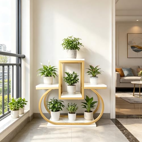 Corner Plant Stand Gold Indoor, Multi‑Tier Plant Shelf, Modern Flower Pot Holder with Marble‑Patterned Shelves for Living Room Bedroom Balcony Home Decoration Halloween Gifts