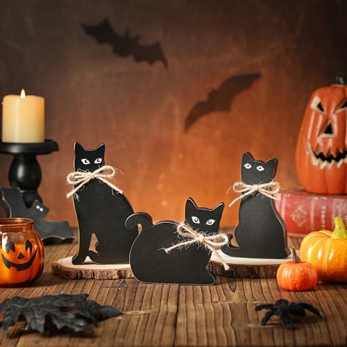 3 PCS Halloween Decorations Indoor, Black Cat Wooden Block Sign