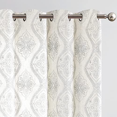 jinchan Boho Floral Linen Curtains 96 Inch Grey on Ecru Grommet 2 Panels - color: Damask Grey, size: 50"W x 96"L (Pack of 2)