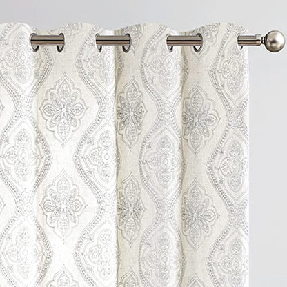 jinchan Boho Floral Linen Curtains 96 Inch Grey on Ecru Grommet 2 Panels - color: Damask Grey, size: 50"W x 96"L (Pack of 2)