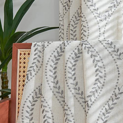 jinchan Boho Linen Curtains 63 Inch Grey on Beige Grommet 2 Panels - color: Vine Grey, size: 50"W x 84"L (Pack of 2)