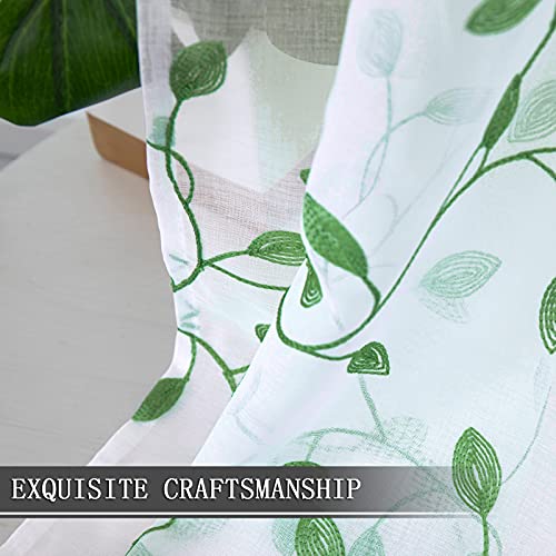 Tollpiz Leaves Sheer Tier Curtain Green Leaf Embroidery Kitchen Half Curtains Rod Pocket Voile Faux Linen Embroidered Leaves Curtain for Bathroom, 30 x 36 inches Long, Set of 2 Panels - color: Green, size: 30"W x 36"L (Pack of 2)