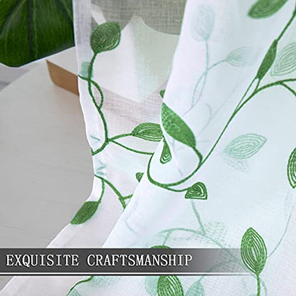 Tollpiz Leaves Sheer Tier Curtain Green Leaf Embroidery Kitchen Half Curtains Rod Pocket Voile Faux Linen Embroidered Leaves Curtain for Bathroom, 30 x 36 inches Long, Set of 2 Panels - color: Green, size: 30"W x 36"L (Pack of 2)