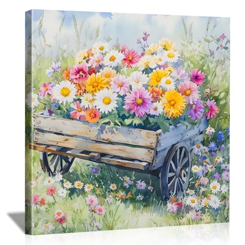 LJXDUBAF Vintage Floral Canvas Wall Art,Rustic Meadow with Flowers Landscape Framed Poster, Farmhouse Style Artwork for Living Room Bedroom Bathroom Kitchen Decor (Flower 04, 24L×24W) - color: Flower 04, size: 24L"×24W"