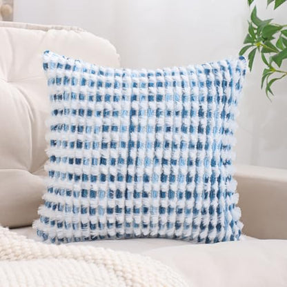 LUOYEHK Boho Throw Pillow Covers 16x16 Inch Set of 2 Chenille Tufted Pillowcase Farmhouse Neutral Cushion Covers for Couch Sofa Bed Living Room, Blue White - color: Blue White, size: 16" x 16" (Pack of 2)