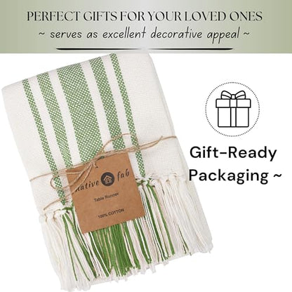 Native Fab Green Table Runner 90 Inches Long - Striped Table Cover with Fringes - 100% Cotton, Soft, Tight Weave, Non Slip Tablerunner for Dining, Dresser, Wedding - Mint Green White (14x90 inches) - color: Mint Green White, size: 14x90