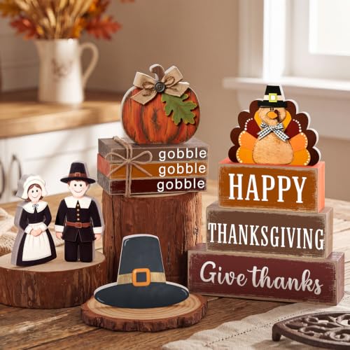 11 Pcs Fall Thanksgiving Table Decoration Farmhouse Tiered Tray Decor Wooden Turkey Pilgrim Couple Table Signs for Autumn Thanksgiving Harvest Party Home Kitchen Shelf - style: Thanksgiving