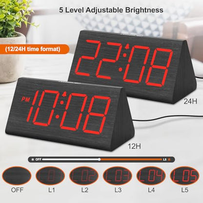DreamSky Wooden Digital Alarm Clock for Bedrooms with Large Numbers - color: Red