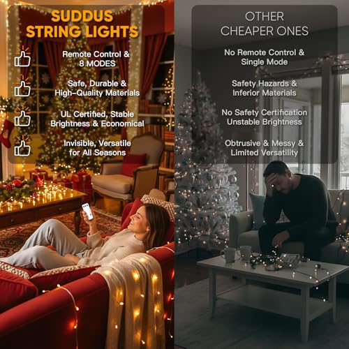 suddus String Lights Indoor Plug in 200 LED Christmas Lights Warm White - color: Warm White, size: 200LED