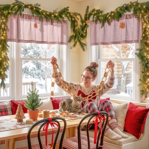 jinchan Linen Boxter Stripe Valances for Window 16 inch, Xmas Red, 1 Panel - color: Boxter Stripe | Xmas Red on Linen, size: 50"W x 16"L (Pack of 1)