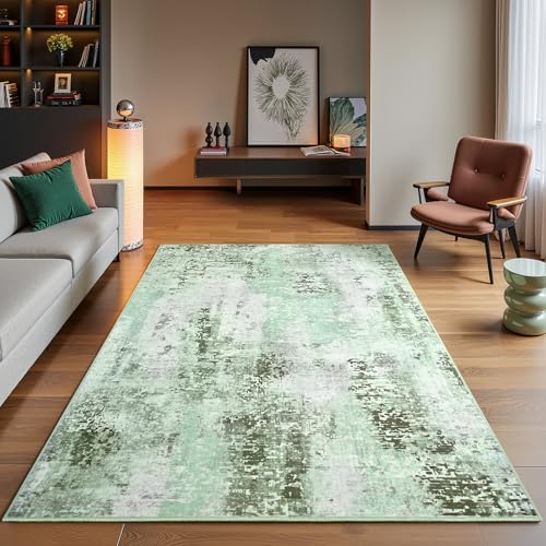 4x6 Green Washable Area Rug for Living Room Bedroom, Modern Abstract Non-Slip Rugs, Low Pile Soft Stain Resistant Carpet for Dining Room, Kitchen, Office, Dorm, Bedside Decor - color: Green, size: 4' x 6' (Rectangular)