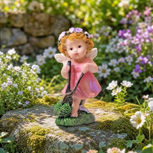 XJar Garden Fairy Figurine, Hand Painted Resin Yard Decor Statue - color: Flower Fairy Gardener-pink