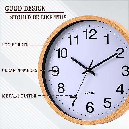Wall Clock 12 Inch Wooden Frame Glass Cover Non-Ticking Number Quartz Modern Quartz Design Decorative Bedroom Kitchen Office Classroom Light Brown - color: Light Brown