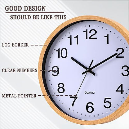 Wall Clock 12 Inch Wooden Frame Glass Cover Non-Ticking Number Quartz Modern Quartz Design Decorative Bedroom Kitchen Office Classroom Light Brown - color: Light Brown