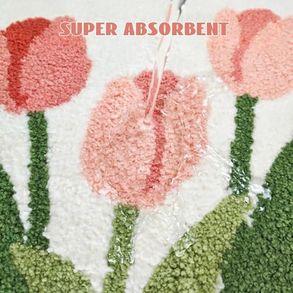 Pink Tulip Bath Mat 32x20, Soft Fluffy Fresh Flowers Bathroom Rug - color: Wave Pink