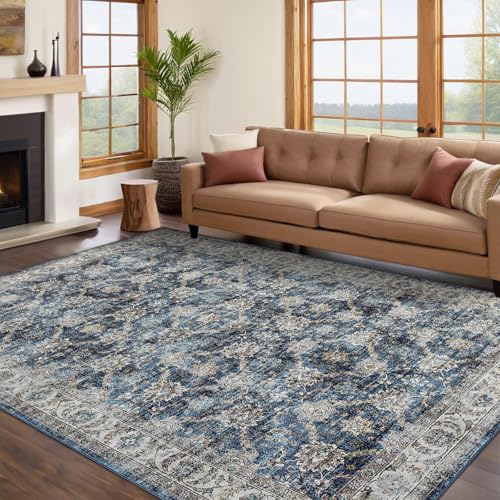 GarveeHome Large Area Rug 9x12 Washable Vintage Floral Rug for Bedroom Low Pile Distressed Throw Rug Non Slip Soft Foldable Floor Cover for Living Room Home Nursery Office, Blue - color: Blue, size: 9' x 12' (Rectangular)