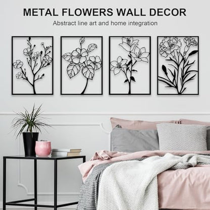 Metal Flower Wall Decor Art Living Room, Black Floral Wall Art Home Decor - size: M 11 x 15.7