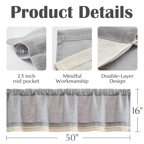 jinchan Kitchen Valance Curtain Double Layers, 50x16, 1 Panel, Grey - color: Double Layer | Grey, size: 50"W x 16"L (Pack of 1)