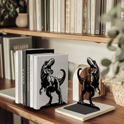 Peacoblue 5.3"x4.3"x7.9" Metal Bookends, Heavy Duty Book Ends for Shelves - style: Tyrannosaurus Rex