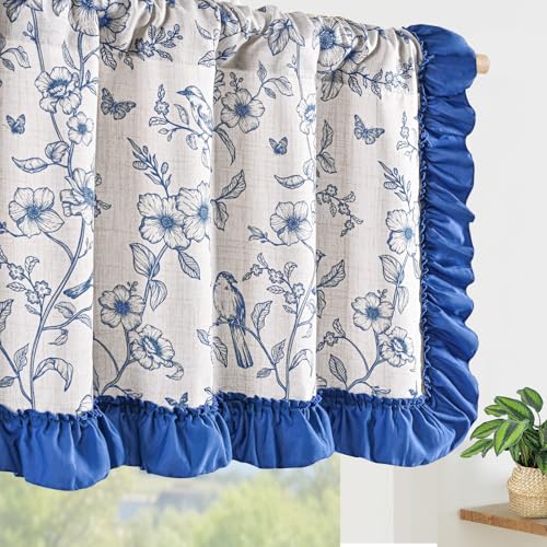 Yinhua Blue Floral Valances for Windows with Ruffle, Farmhouse French Linen Window Valances Curtains, Light Filtering Rod Pocket Kitchen Curtains Valance for Living Room Bathroom, 52" W x 18" L - color: Blue, size: 52"W x 18"L (Pack of 1)